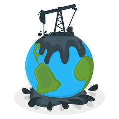 Earth Oil Pollution Concept Icon and Label. Earth Pollution by Petroleum. Catastrophe Symbol, Icon and Badge. Cartoon Vector illustration