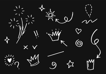 Wall Mural - Hand drawn set elements. Arrow, heart, love, speech bubble, star, leaf, sun,light,check marks ,crown, king, queen,Swishes, swoops, emphasis ,swirl, heart, for concept design.