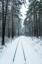 Railways Through Beautiful Winter Forest. Winter Lanscape With Heavy Snowfall.