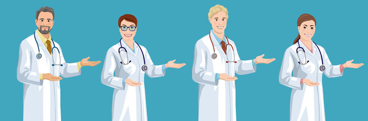 Wall Mural - Set of smiling young and middle-aged European doctors. Handsome men and cute women wearing a lab coat stands and points sideways by hand palm. Isolated vector illustration