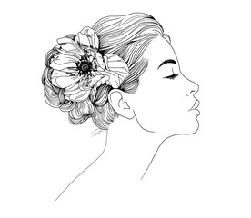 Graphic illustration profile of a beautiful young girl with a flower in her hair.