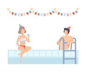 Sticker - Man And Woman Talking And Drinking At A Pool Party Vector Illustration Isolated On White Background