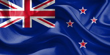 New Zealand Flag. Waving Rippled Flags. 3D Realistic Background Illustration In Silk Fabric Texture