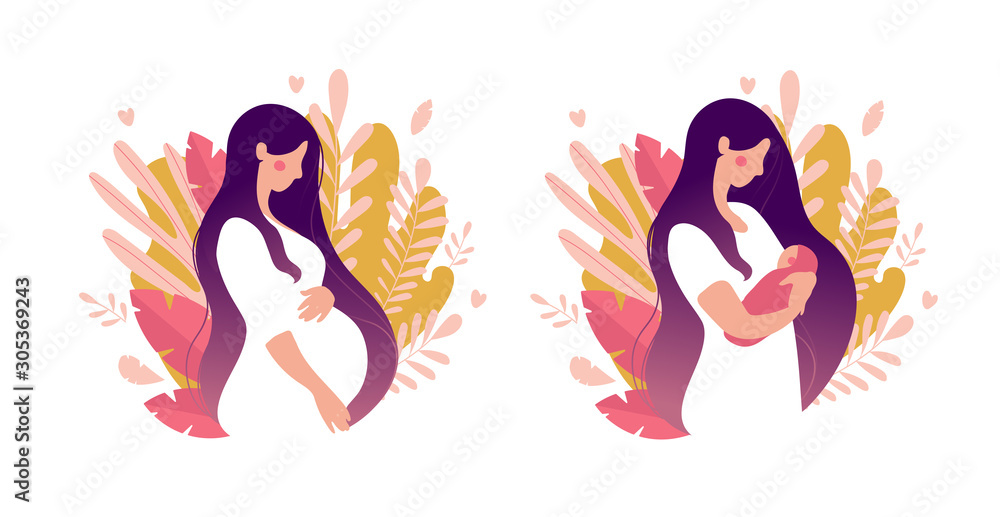 Set of illustrations about pregnancy and motherhood. Pregnant woman with tummy on a background of leaves. Girl with a newborn baby on a natural background. Flat stock vector illustration isolated on a - obrazy, fototapety, plakaty 