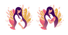 Set Of Illustrations About Pregnancy And Motherhood. Pregnant Woman With Tummy On A Background Of Leaves. Girl With A Newborn Baby On A Natural Background. Flat Stock Vector Illustration Isolated On A