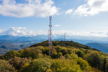 View of the Caucasus mountains from the observation deck from mount Akhun, near the city of Sochi, Russia. 2 November 2019