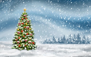 christmas tree on winter background, Decorative Christmas wallpaper, art illustration painted with watercolors