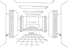 Subway Station Platform Graphic Black White Sketch Illustration Vector