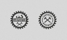 Color Illustration Set Of Carpenter Logos On A Background With Texture. Vector Illustration Of A Planer, Circular Saw, Crossed Hammers And Chain With Text. Professional Carpenter Services.