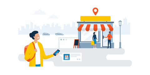 woman finding a shop using her smartphone