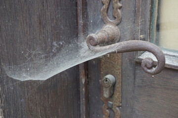 old wooden door with lock and a spider web