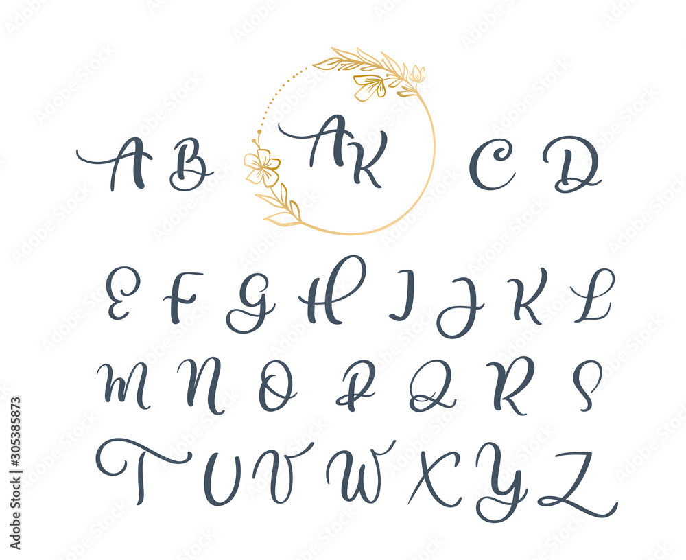 Vetor do Stock Handwritten calligraphy monogram alphabet. Cursive font with  flourishes wreath. Cute Isolated letters. For postcard or poster decorative  graphic design | Adobe Stock, image size:1000x816