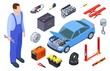 © MicroOne - Auto mechanic and car tool. Isometric technician, auto industrial equipment, car vector elements. Auto car repair service, illustration vehicle mechanic