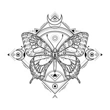 Mystic Insect Tattoo. Engraving Mystical Spiritual Sketch Design. Alchemy Freemasonry Occult Vector Symbol. Tattoo Sketch Freemasonry, Animal Sketchy Illustration