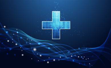 Abstract health science consist health plus digital technology concept  modern medical technology,Treatment,medicine on hi tech future blue background. for template, web design or presentation.