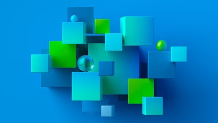 Chaotic cubes with copy space. Blue green abstract geometric background.  3d rendering cubic minimal composition for corporate design template.