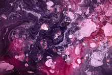 Abstract Liquid Purple Pink Raspberry Colors Outer Space Background. Exoplanet Cosmic Sea Pattern, Macro Mold Fungus Paint Stains
