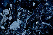 Abstract Liquid Dark Blue Colors Outer Space Background. Exoplanet Cosmic Sea Pattern, Macro Mold Fungus Paint Stains