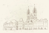 Fototapeta Paryż - Vector sketch of  The Church of Our Lady before Tyn , Prague, Czech Republic.