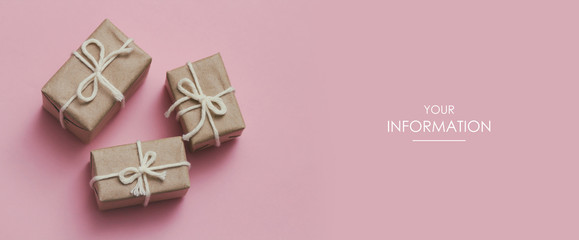 Wall Mural - Three gift boxes set on pink background. Sale time. Web article template. Long header banner format. Sale coupon. Visit card. Your information. Text space.