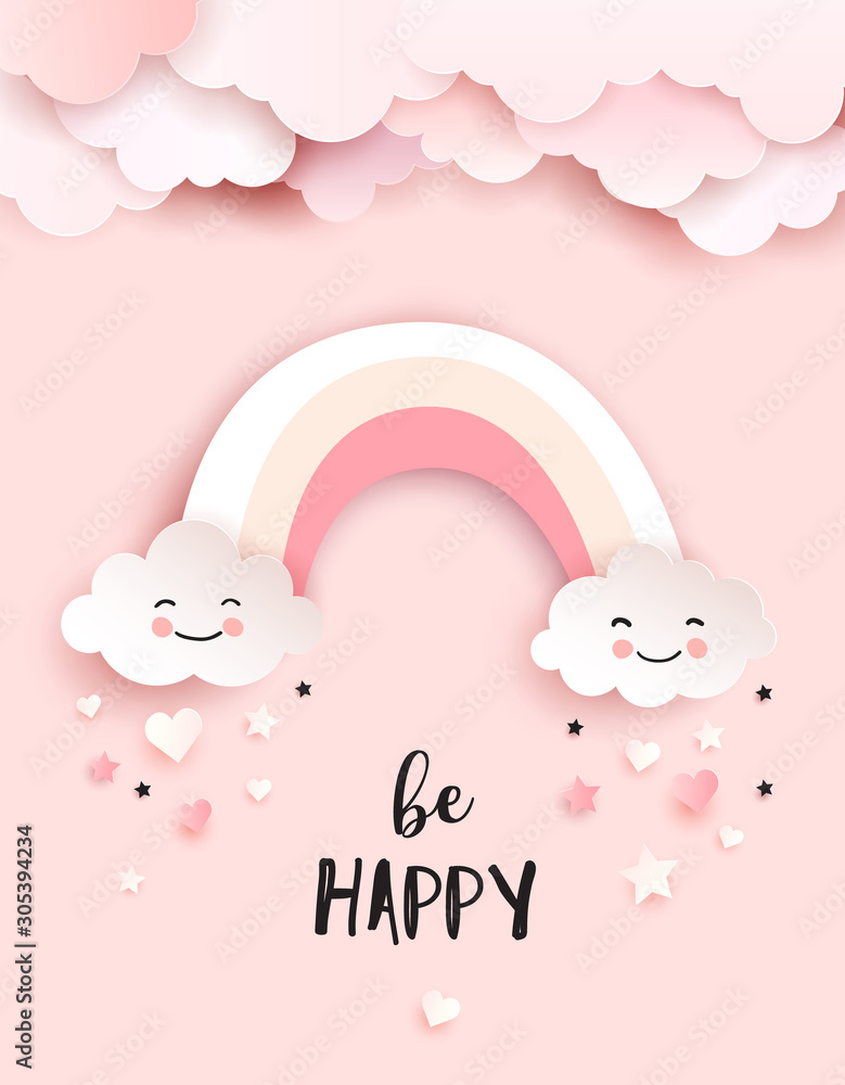 Welcome baby greetings card, nursery poster with cute clouds and rainbow, vector paper art - obrazy, fototapety, plakaty 