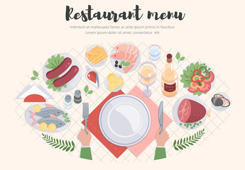 Fototapete - Restaurant food illustration, dinner table settings, top view.