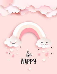 Welcome baby greetings card, nursery poster with cute clouds and rainbow, vector paper art