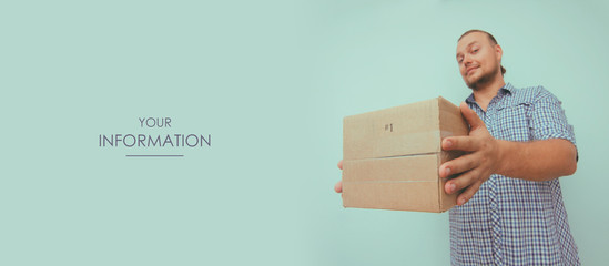 Wall Mural - Delivery man with your parcel. Hand hold the box. Cargo transportation. Online shopping. Mint background. Web article template. Long header banner format. Sale coupon. Visit card. Your information. 