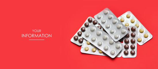 Wall Mural - Set of pills blisters on red background. Medical conception. First Aid Kit. Web article template. Long header banner format. Sale coupon. Visit card. Your information. Text space.