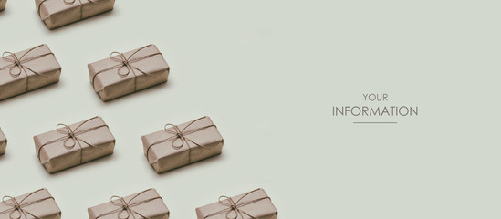 Wall Mural - Set of parcels wrapped in craft paper and tie threads. Gift box pattern. Online shopping. Gray background. Web article template. Long header banner format. Sale coupon. Visit card. Your information.