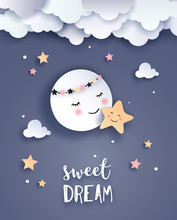 Cute Moon And Star,  Welcome Baby Greetings Card, Nursery Poster, Vector Paper Art