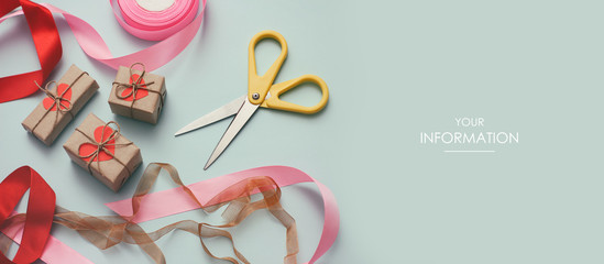 Wall Mural - Process of packaging parcels and gift boxes. Ribbons and scissors. Light dirty mint background. Web article template. Long header banner format. Sale coupon. Visit card. Your information. Text space.