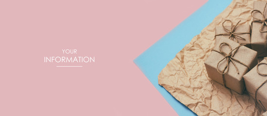Wall Mural - Set of parcels wrapped in craft paper and tie hemp cord. Blue and pink backgrounds. Arrow to the left. Web article template. Long header banner format. Sale coupon. Visit card. Your information. Text 