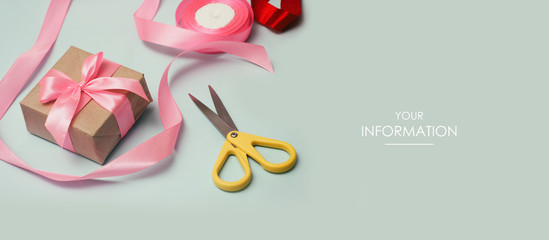 Wall Mural - Process of packaging parcels and gift boxes. Ribbons and scissors. Light dirty mint background. Web article template. Long header banner format. Sale coupon. Visit card. Your information. Text space.