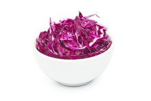 Sliced Red Cabbage In Ceramic Bowl On A White Background With Clipping Path.