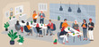 © merfin - Office interior workplace with group workers communicating or talking to client or conversations between teamwork or meeting, brainstorming. Vector cartoon concept illustration