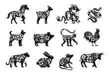 Traditional Chinese Horoscope With Flowers. Chinese New Year Animals Set, Tiger And Snake, Dragon And Pig Vector Mascot Drawings With Flora Patterns