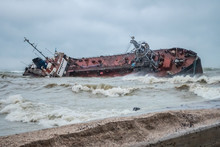 Oil Leaks From Cargo Ship Beached On Ukrainian Coast. Odessa, Ukraine, November 22, 2019. An Abandoned Tanker Loaded With Oil Is Threatening A Major Environmental Disaster Of Odessa's Coast.