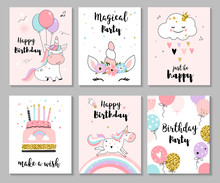 Happy Birthday Greeting Card And Nursery Posters With Cute Unicorns. Vector Illustration, Hand Drawn Style.