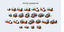 Set Of Isometric Two And One-story Houses, Cottages And Buildings. Collection Winter Tonhouse In Windows Is Lit Light, On Roof Snow. Vector Illustration
