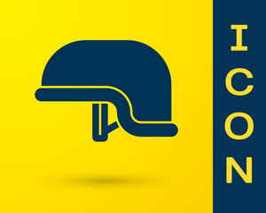 Blue Military helmet icon isolated on yellow background. Army hat symbol of defense and protect. Protective hat. Vector Illustration