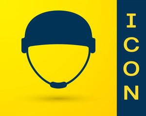 Blue Military helmet icon isolated on yellow background. Army hat symbol of defense and protect. Protective hat. Vector Illustration