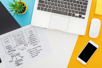 top view of website design template near laptop, computer mouse, smartphone, plant on abstract geometric background