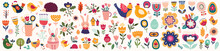 Big Collection Of Flowers, Leaves, Birds, Bunny And Spring Symbols