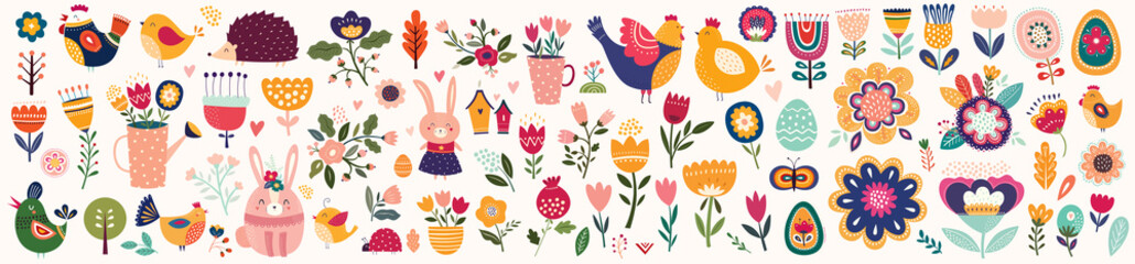Wall Mural - Big collection of flowers, leaves, birds, bunny and spring symbols
