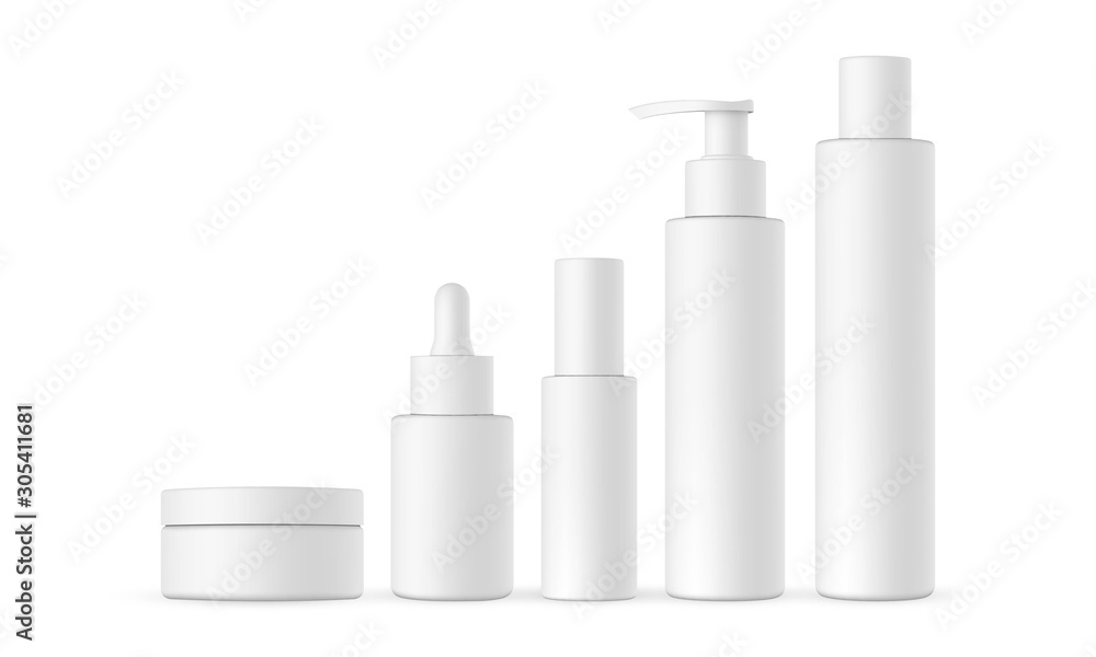 Blank cosmetic packaging mock up: jar, dropper, bottle with press pump, small and high bottles. Vector illustration - obrazy, fototapety, plakaty 
