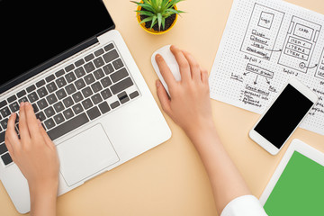 partial view of designer using laptop near gadgets, website design template and green plant on beige background