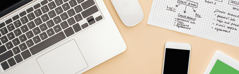 top view of gadgets near website design template on beige background, panoramic shot