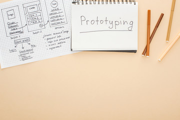 top view of website design template, felt-tip pens and notebook with prototyping lettering on beige background