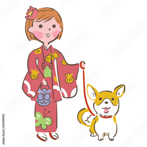 着物姿の女の子と犬 イラスト Stock Vector Adobe Stock 着物姿の女の子と犬 イラスト Stock Vector Adobe Stock